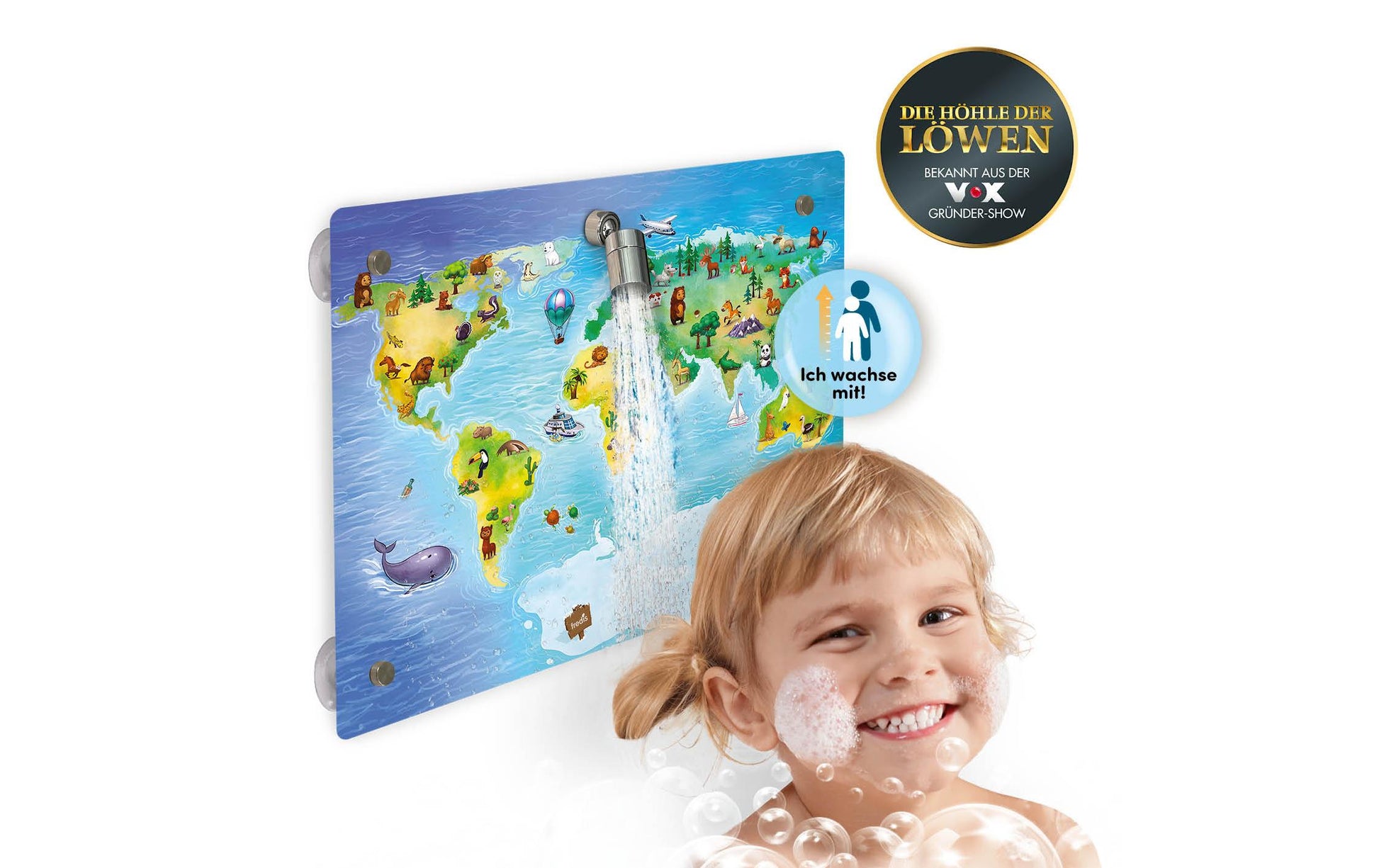 Fredis kinderdusche Fredis Duschschwamm Welt – 40×30 cm, ohne Bohren oder Schrauben, Eukalyptusgrün