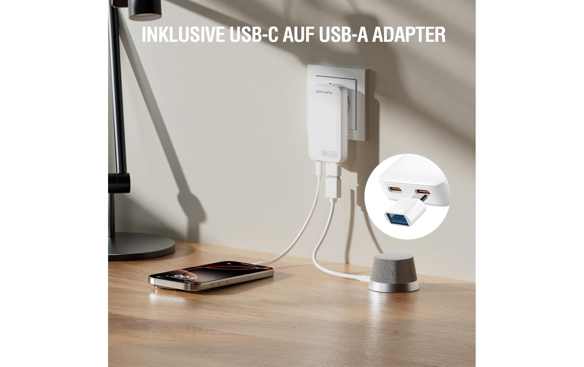 4smarts FlatPlug Slim Dual Ladegerät – 65 W, 2× USB-C, GaN – für Nintendo Switch, Laptop, Smartphone