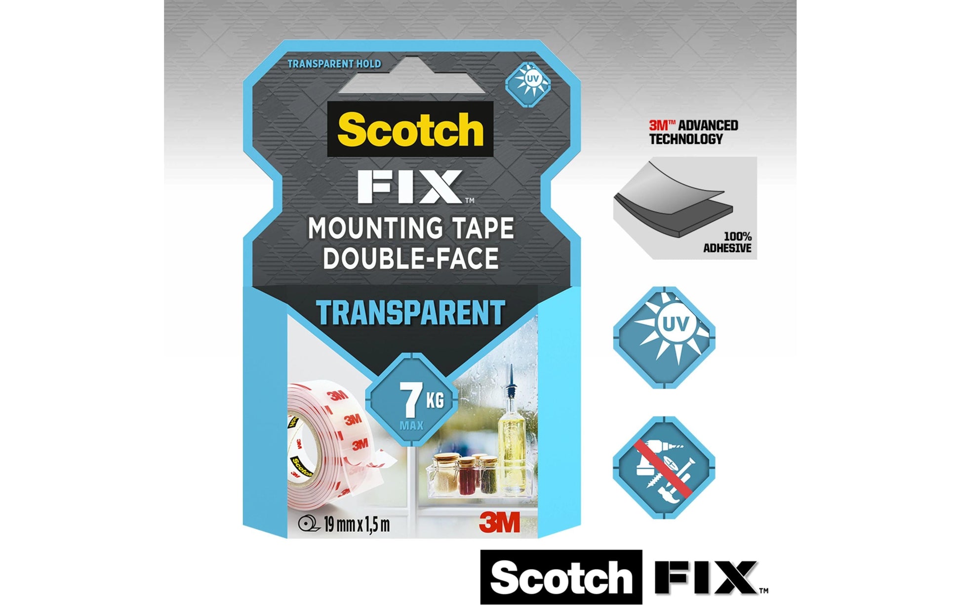 3M Montageband – 19 mm × 1,5 m, Transparent, UV-beständig