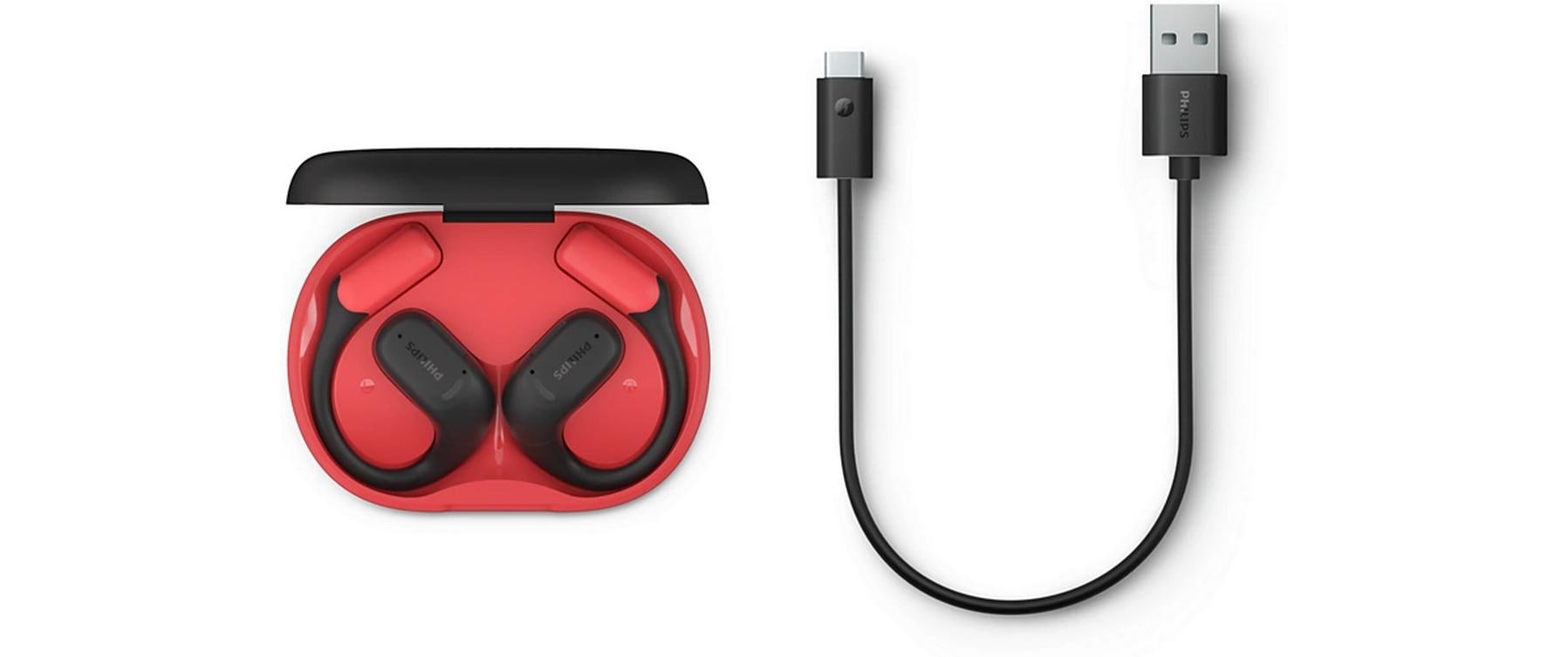Philips TAA6709BK – Ohrbügel-Kopfhörer – Bluetooth 5.3, IP65, Ladeschale – Rot – bis 28 h