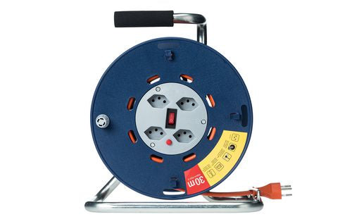 Steffen STERO LOOP Kabelrolle, 30 m, 4×T13, IP20, Überhitzungsschutz, Kabelbremse, 1,5 mm², Eingang T12 – Blau