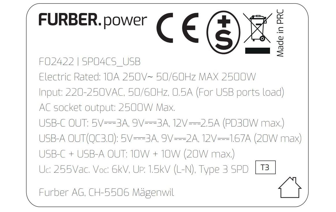 Furber. F.power Steckdosenleiste – 4× T13, USB‑A/C, 1,5 m, mit Schalter, Weiss