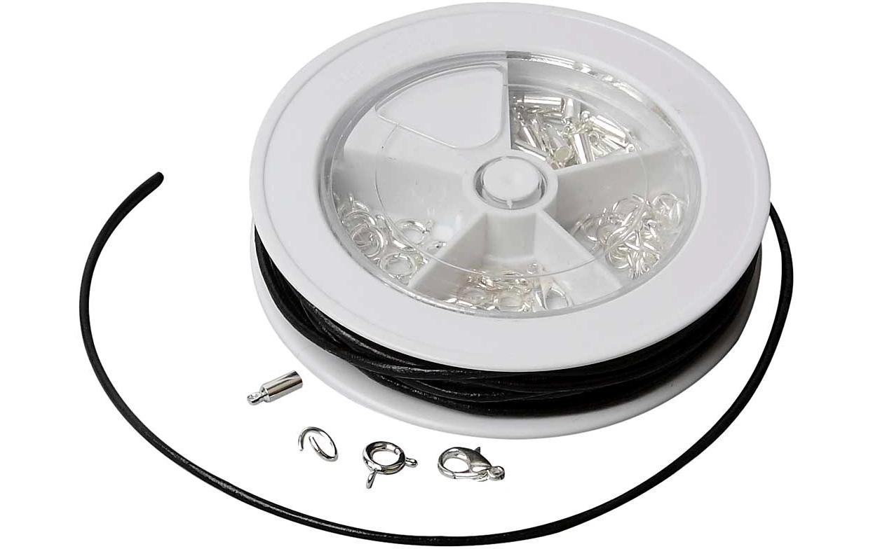 Creativ Company Schmuck-Set – Verschlussset – Leder, schwarz, silber – 1 Stück
