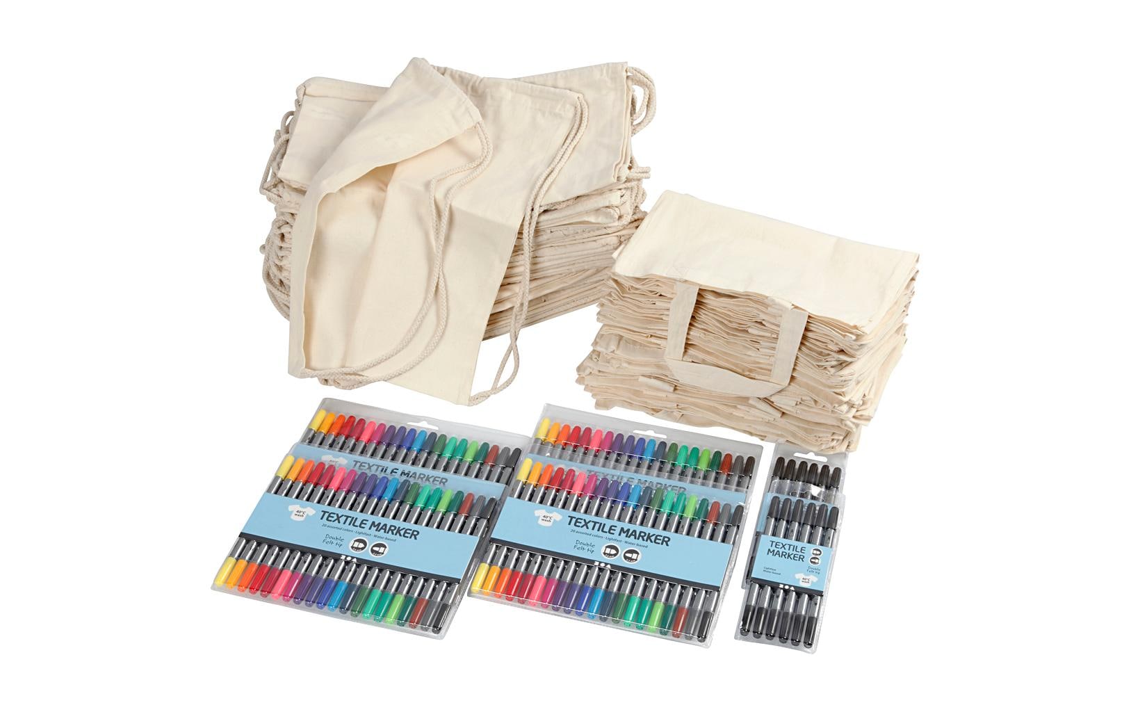 Creativ Company Textilset – Stofftasche & Turnbeutel, Baumwolle, Weiss – inkl. Stifte