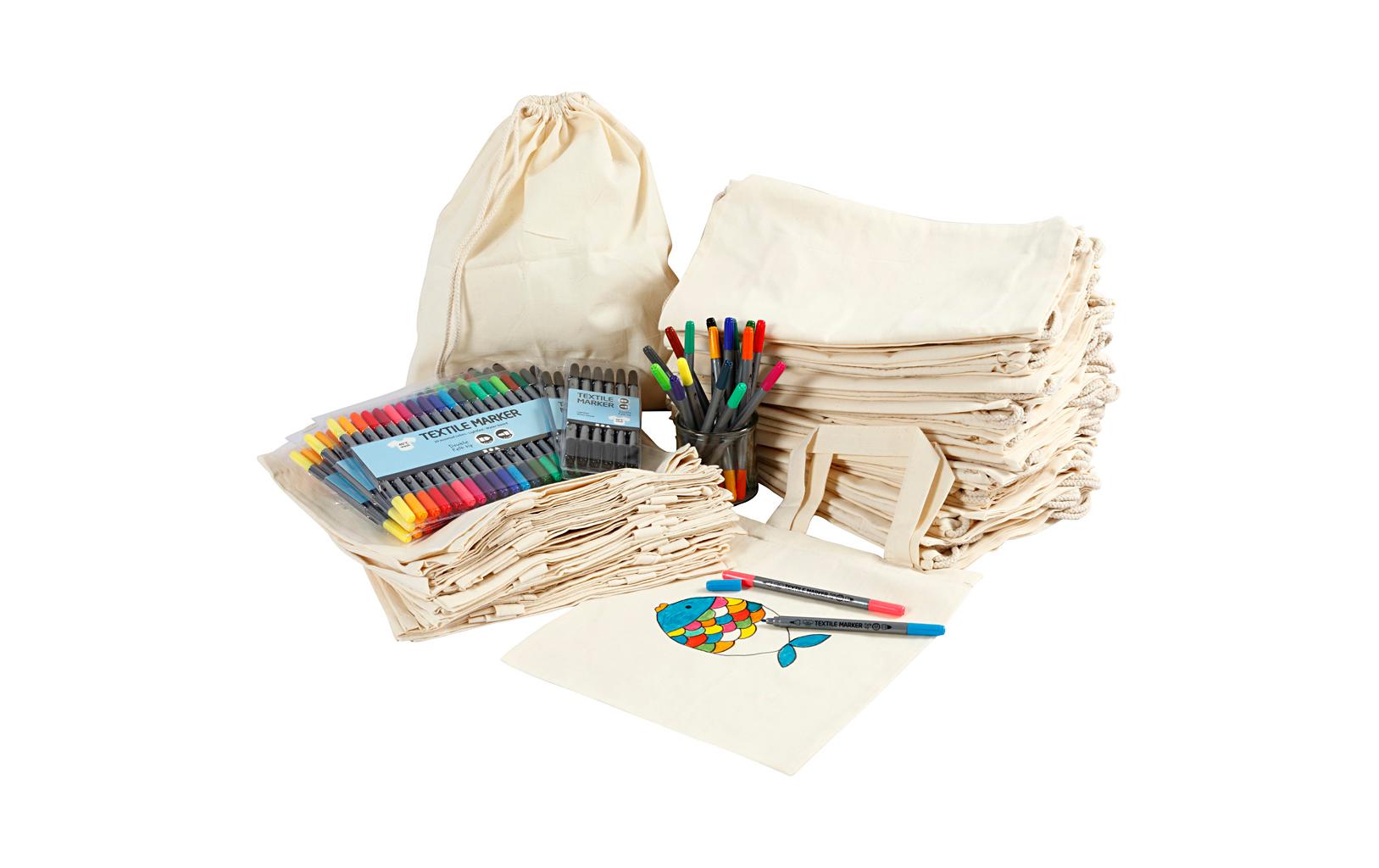 Creativ Company Textilset – Stofftasche & Turnbeutel, Baumwolle, Weiss – inkl. Stifte