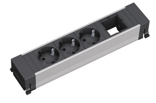 Bachmann Power Frame – 262 × 73 mm, Aluminium, schwarz/grau/aluminium, 3× Schuko, 1× CM