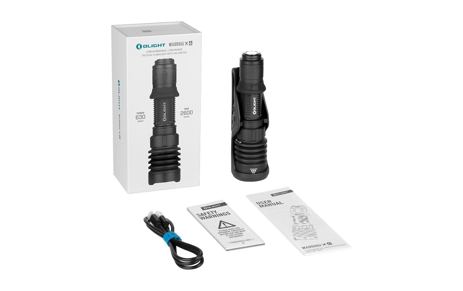 Olight Taschenlampe Warrior X 4 – 300–2600 lm, 630 m, Akku 5000 mAh, Laufzeit 1–85 h – Schwarz