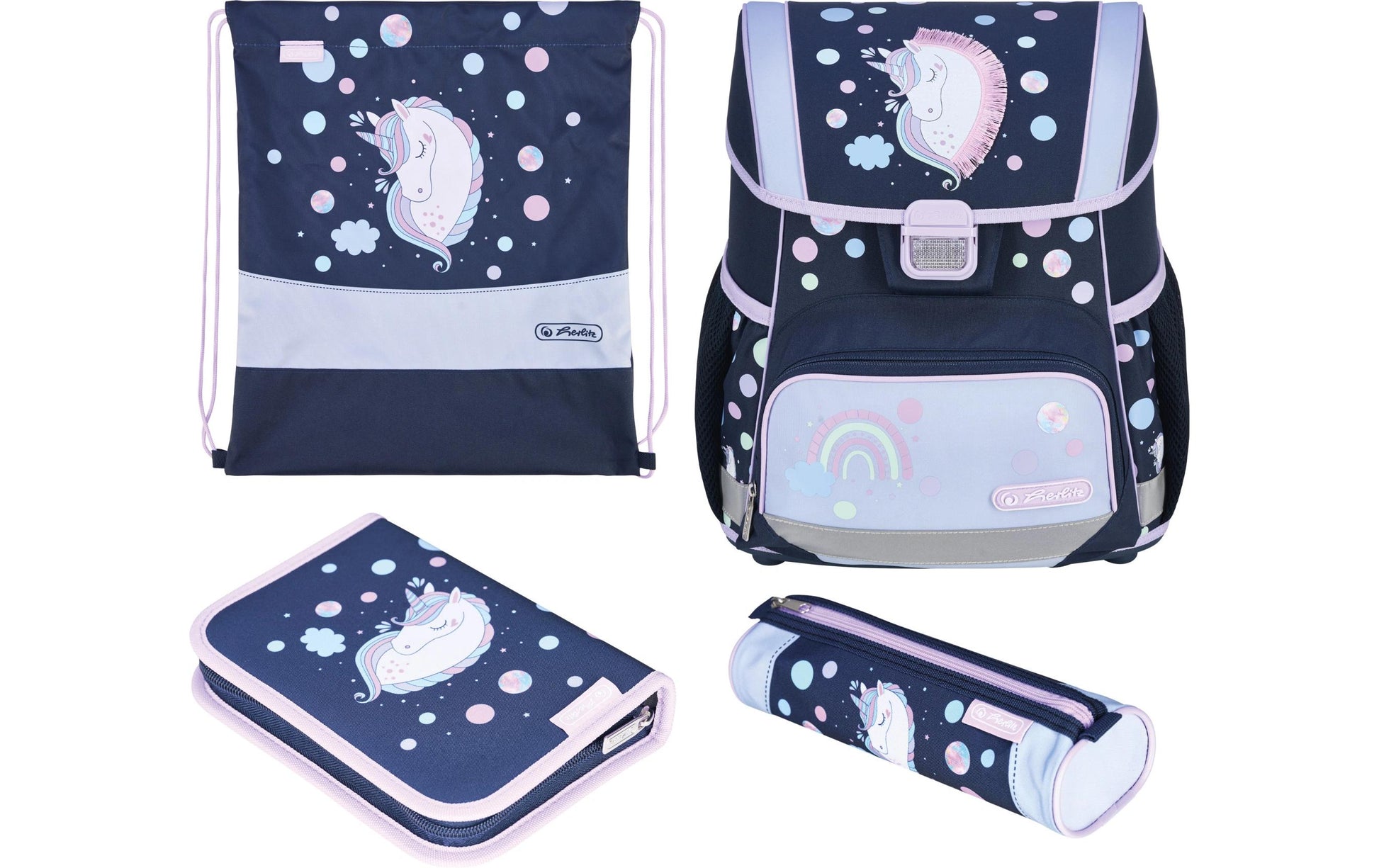 Herlitz Loop Plus – Schulrucksack-Set 4-teilig, Einhorn, 17 l, 31×37×22 cm, höhenverstellbarer Brustgurt