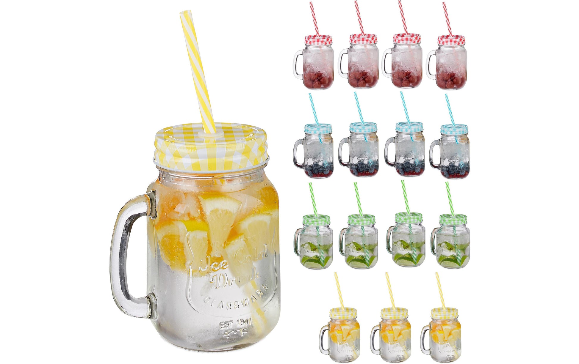 Relaxdays Trinkglas Summer – 16er Set, 500 ml, Glas, Mehrfarbig