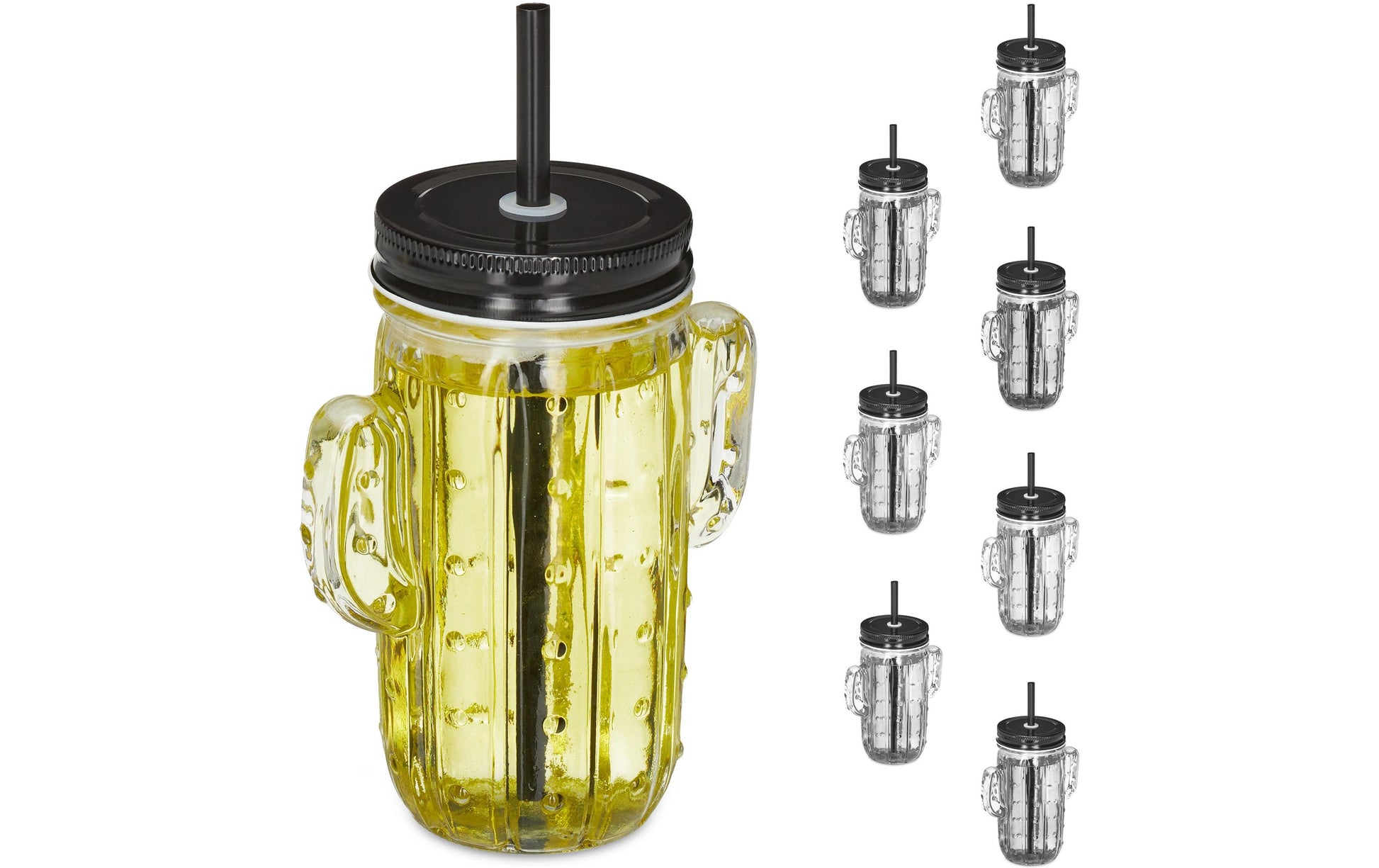 Relaxdays Trinkkrug – 8er Set, 500 ml, 11,0 × 7,0 × 14,5 cm, Glas, Schwarz/Transparent, mit Halm