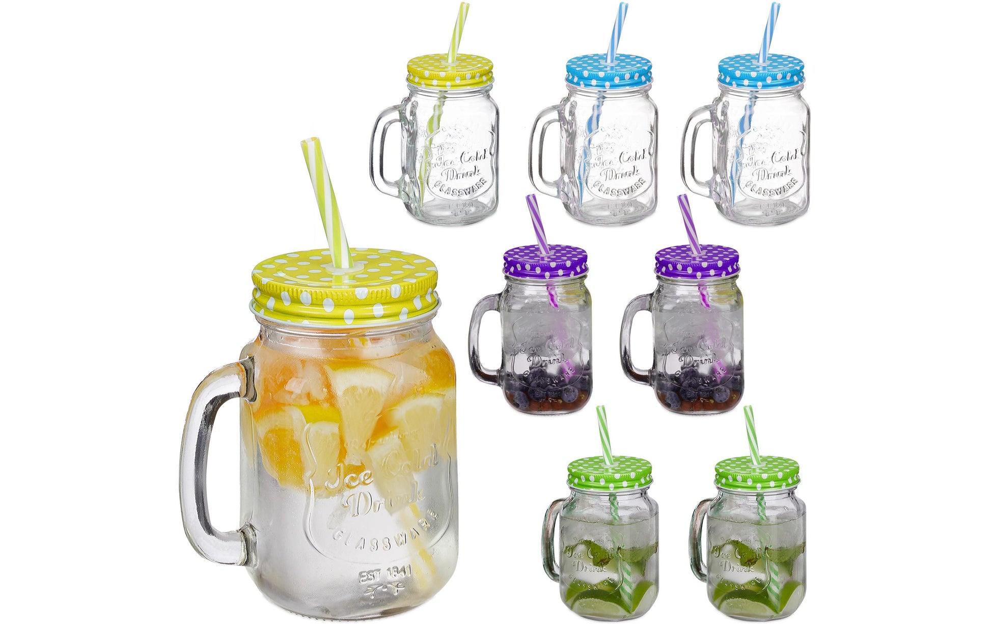 Relaxdays Trinkglas – 8er Set, 500 ml, 11,0 × 8,0 × 13,5 cm, Glas, Mehrfarbig, mit Strohhalm