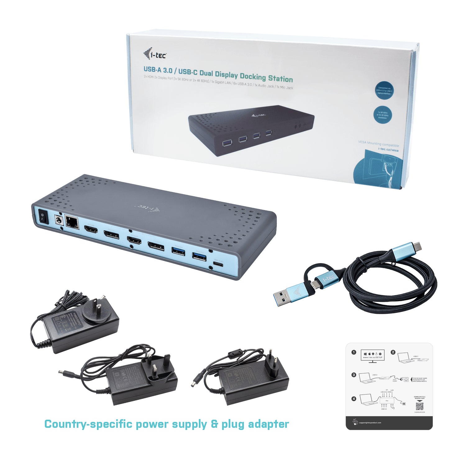 i-tec Dualdock Dockingstation – USB-C, 2× DP, 2× HDMI, 6× USB-A, GbE, 3,5 mm Audio, für Windows/Mac/Linux