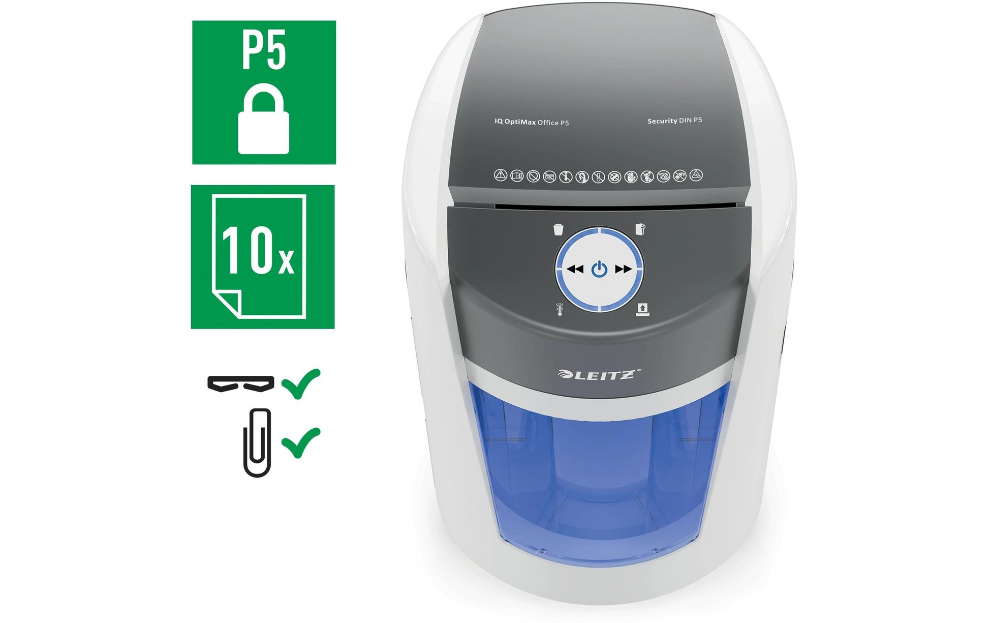 Leitz bürogeräte Leitz IQ OptiMax Office – Aktenvernichter, DIN P-5, Mikroschnitt 2 × 15 mm, 10 Blatt, 35 l, mit Autofeed