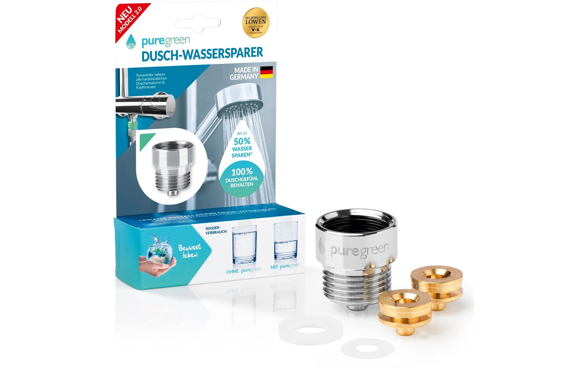 Puregreen Dusch-Wassersparer – 5 l/min, Edelstahl (Innenteil), für 1/2"-Anschlüsse