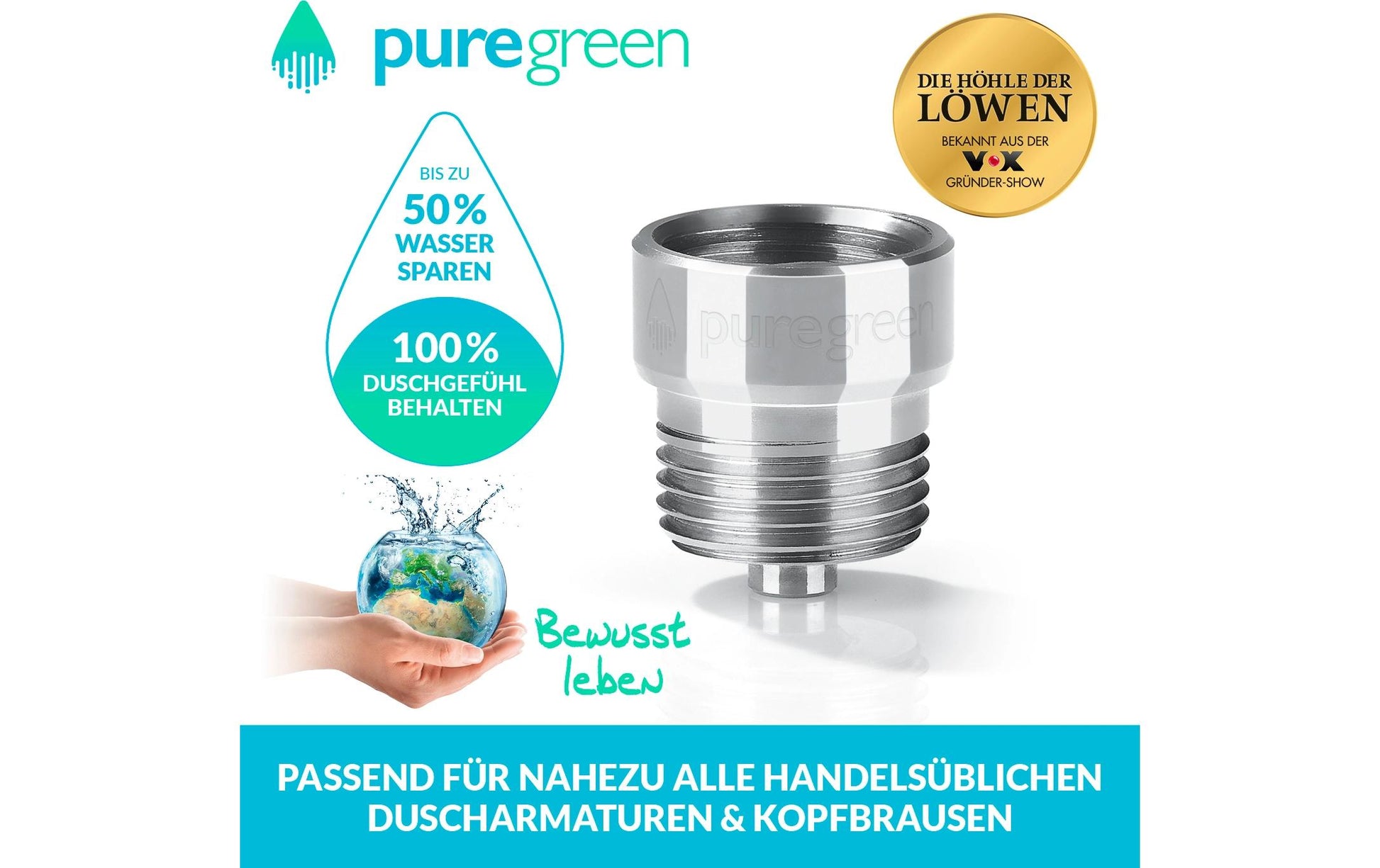 Puregreen Dusch-Wassersparer – 5 l/min, Edelstahl (Innenteil), für 1/2"-Anschlüsse