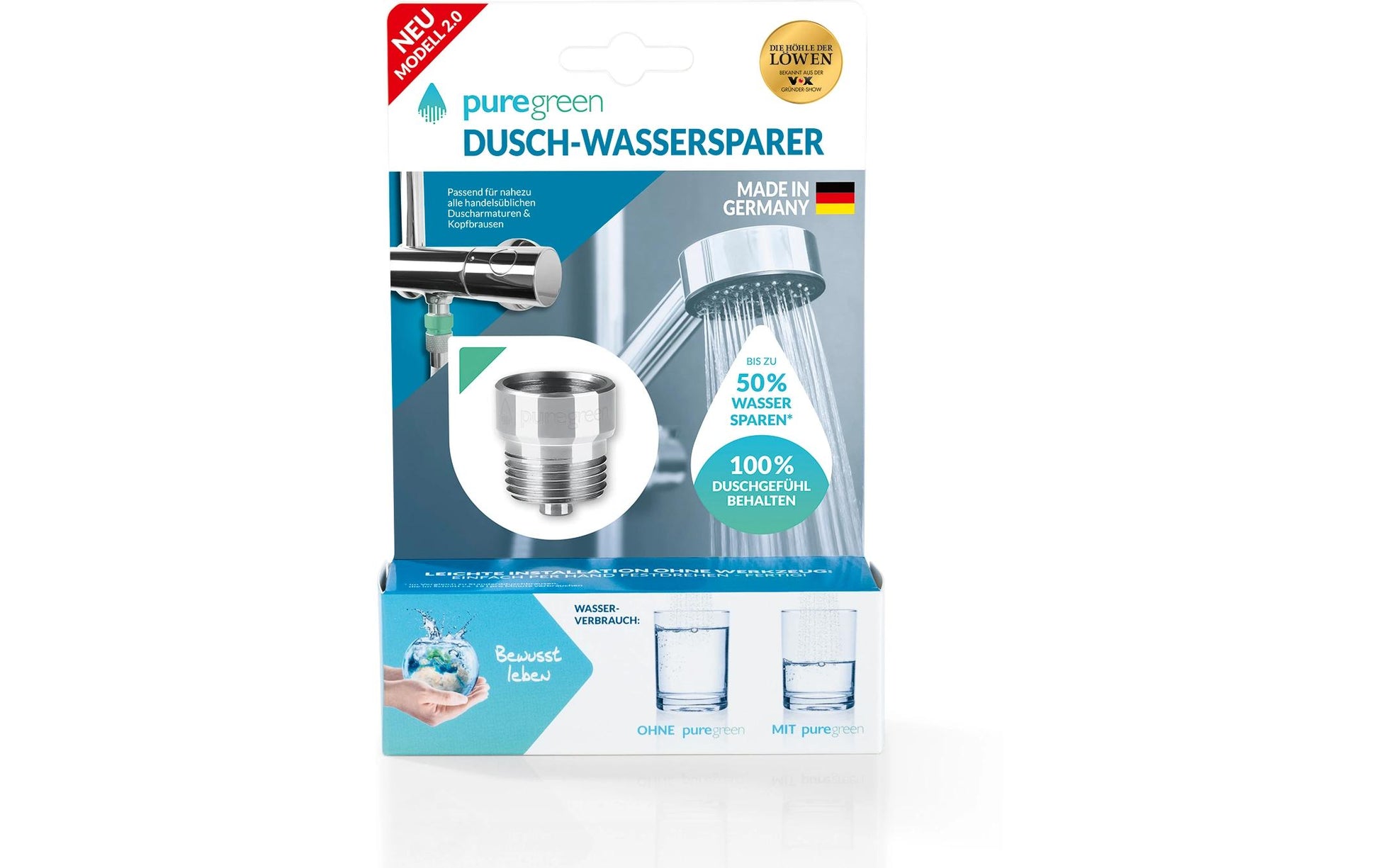 Puregreen Dusch-Wassersparer – 5 l/min, Edelstahl (Innenteil), für 1/2"-Anschlüsse