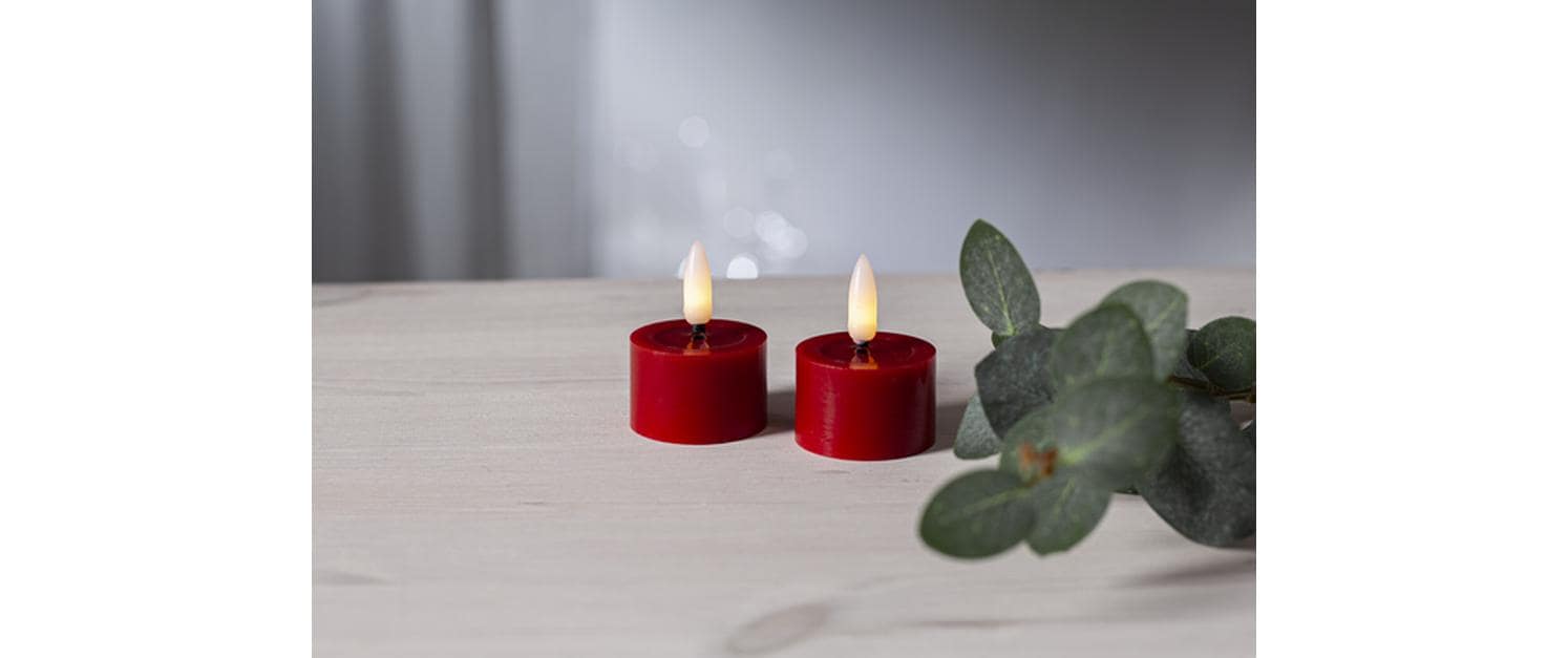 Star Trading LED-Teelicht – 2er Pack, Ø 4 × 5 cm, 0,01 W, Warmweiss, Rot, Timer