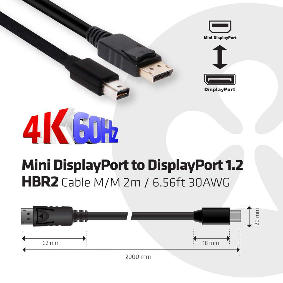 CLUB3D Mini DisplayPort auf DisplayPort Kabel DP 1.2 4K 60 Hz – 2 m