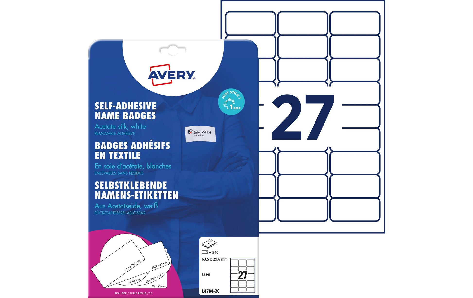 Avery Namens-Etiketten, 64 mm × 30 mm, weiss, Textil, selbstklebend, 540 Etiketten