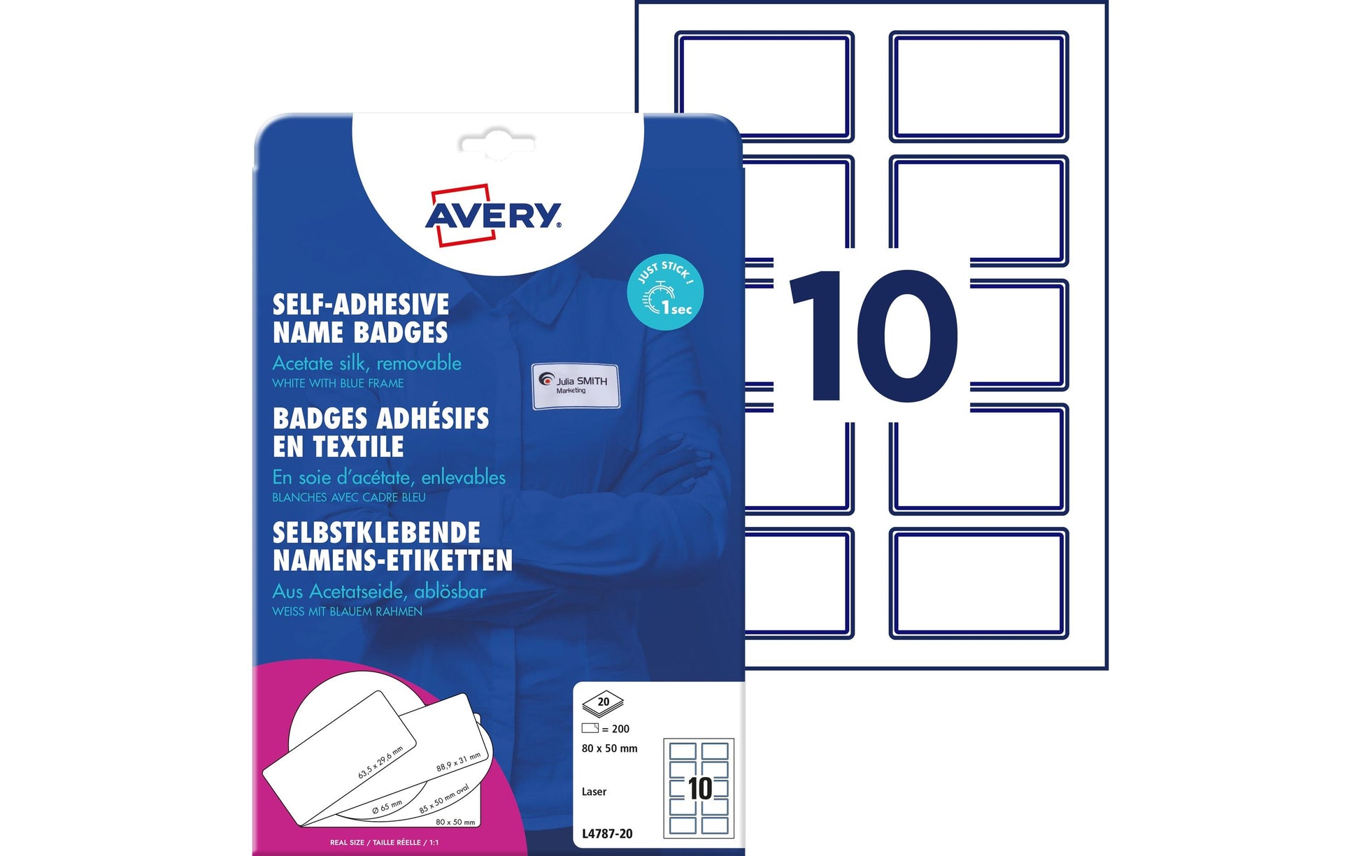 Avery Zweckform – Namens-Etiketten, 80 mm × 50 mm, weiss, Acetat, selbstklebend, für Laser