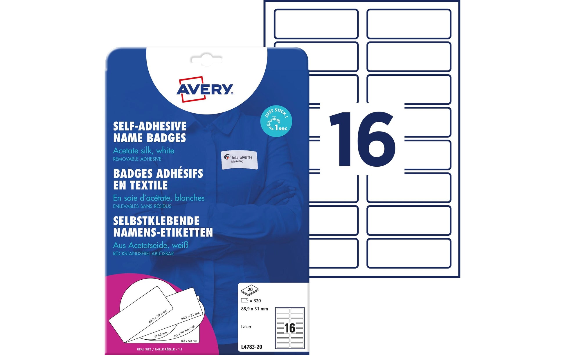 Avery Textiletiketten, 89 mm × 31 mm, weiss, Textil, selbstklebend, 320 Etiketten (20 Blatt)