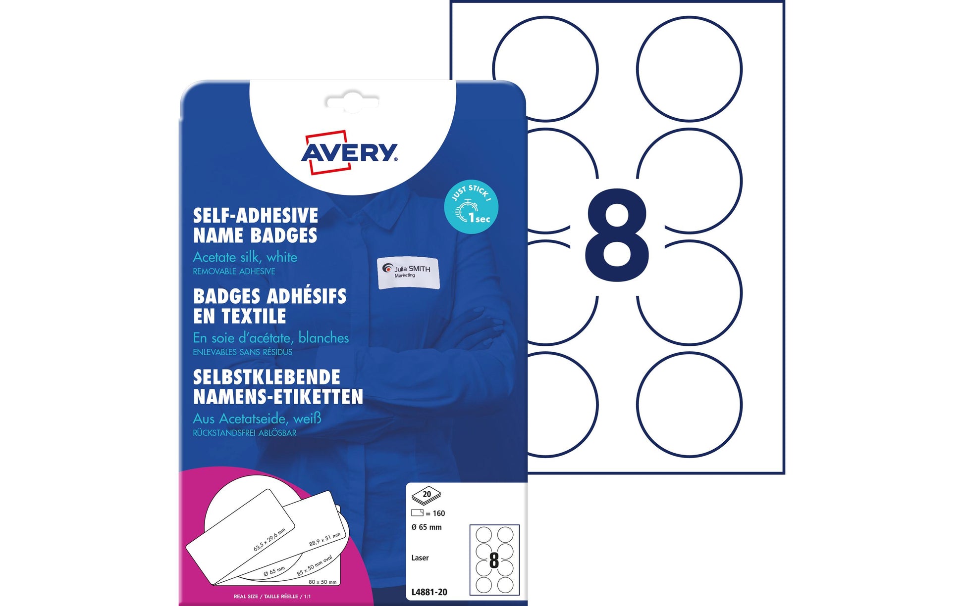 Avery Textiletiketten, Ø 65 mm, weiss, Textil, selbstklebend, wiederablösbar, 160 Etiketten (20 Blatt)