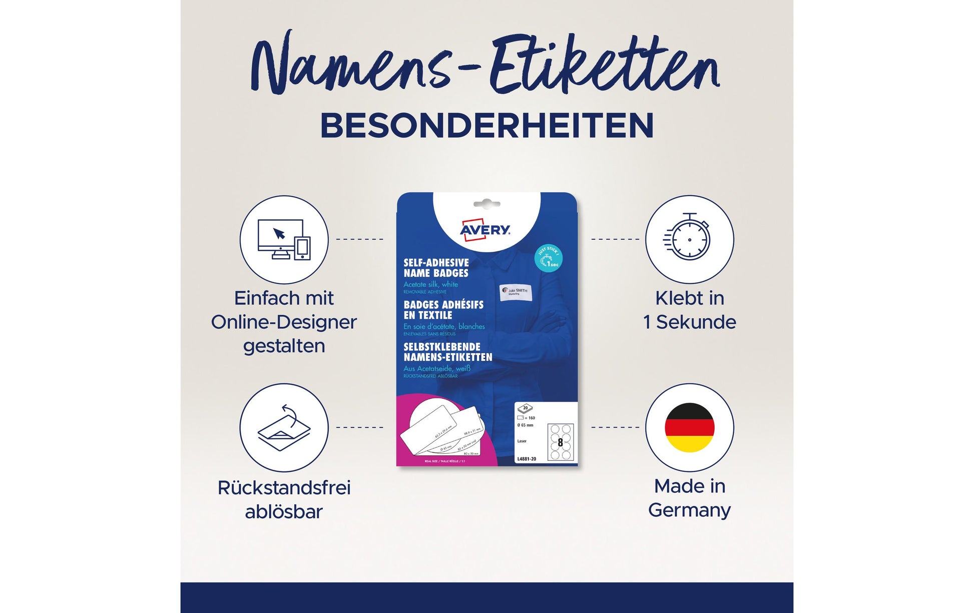 Avery Textiletiketten, Ø 65 mm, weiss, Textil, selbstklebend, wiederablösbar, 160 Etiketten (20 Blatt)
