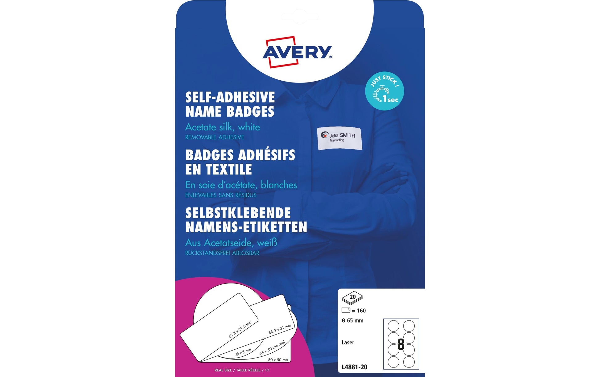 Avery Textiletiketten, Ø 65 mm, weiss, Textil, selbstklebend, wiederablösbar, 160 Etiketten (20 Blatt)