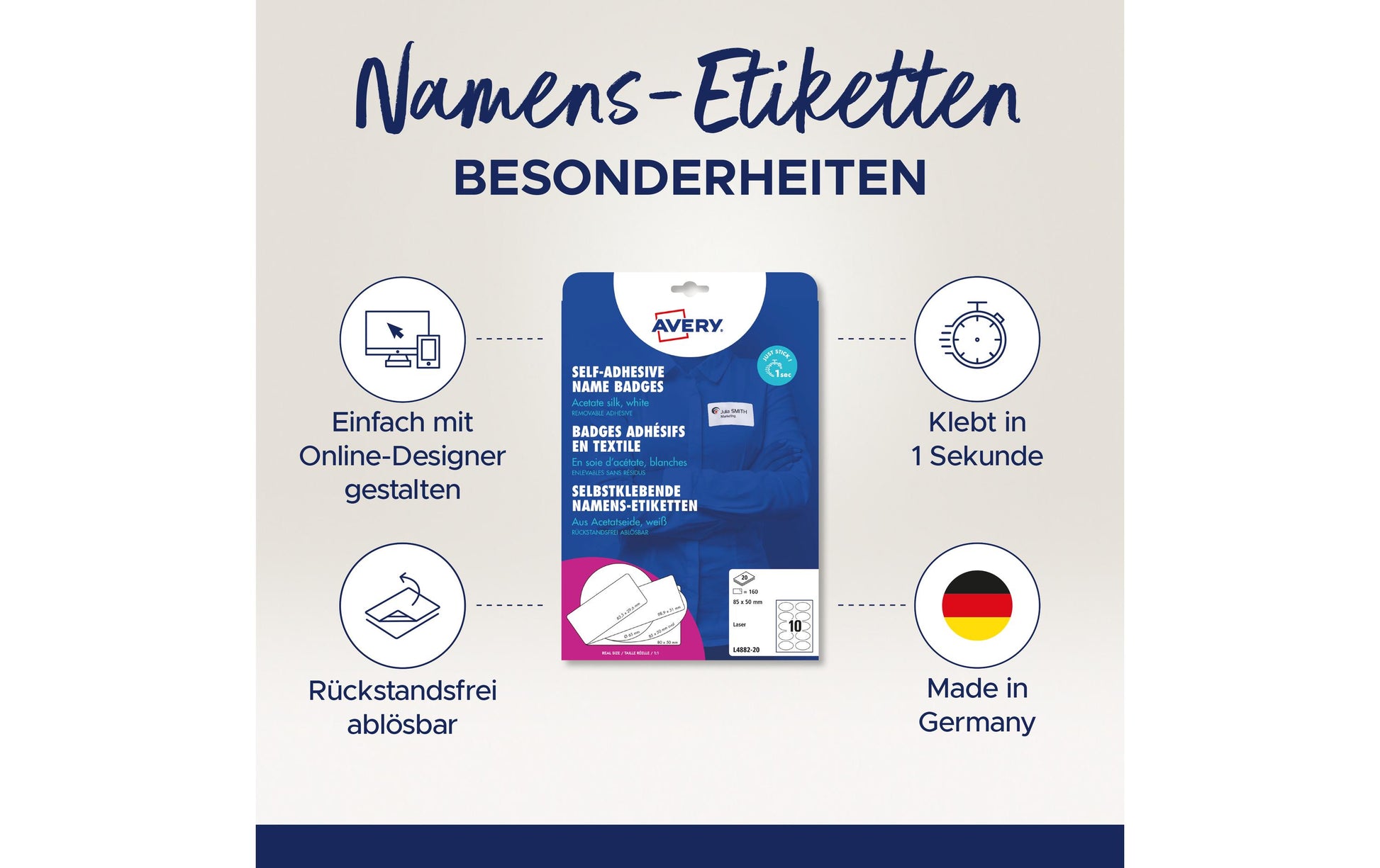 Avery Drucketiketten, 85 mm × 50 mm, weiss, Textil, selbstklebend, wiederablösbar, 200 Etiketten