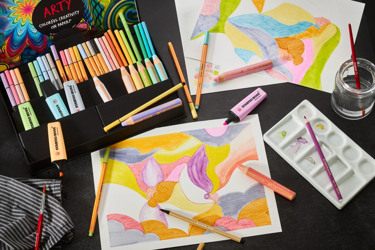STABILO ARTY Stifte-Set – Pastell, 50 Stk., Box, mit 21 Farbstiften, 12 Filzstiften, 12 Finelinern