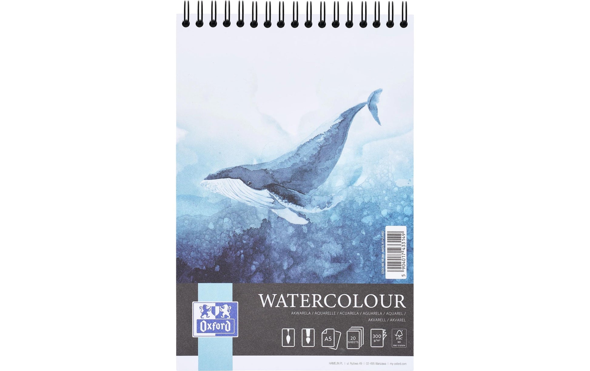 Oxford Aquarellblock – A5, 300 g/m², Spirale, 20 Blatt, für Marker, wasserbasierte Farben