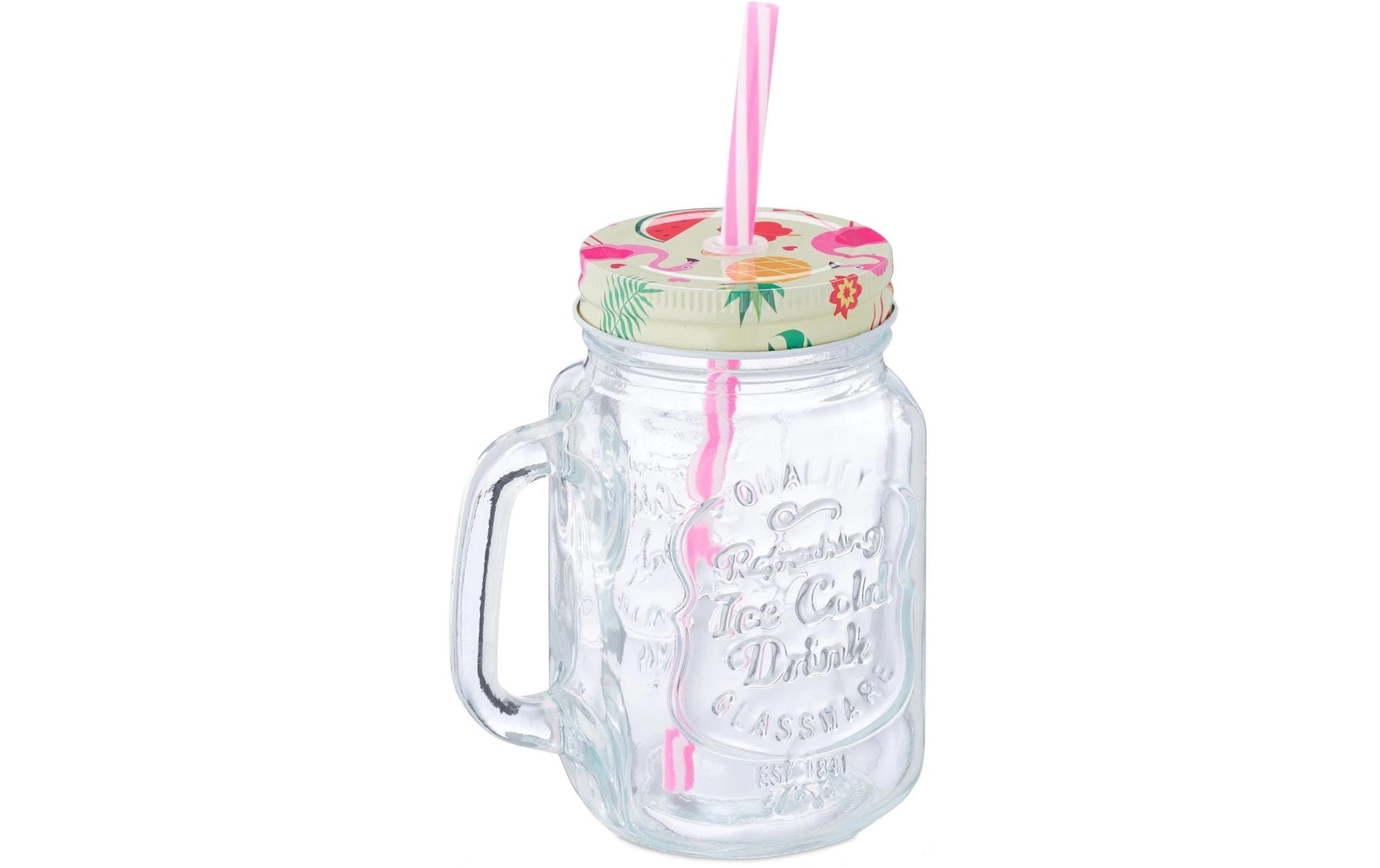 Relaxdays Trinkglas – 8er Set, 500 ml, 11,0 × 8,0 × 13,5 cm, Glas/Eisen, Transparent, mit Strohhalm