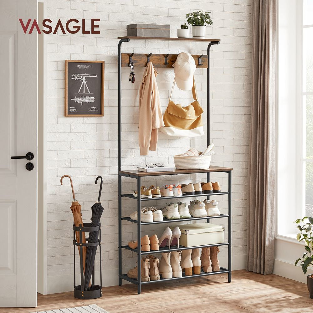Vasagle Garderobe mit Schuhregal – 5 Haken, Spanplatte/Stahl, Braun/Schwarz, 80 × 31,5 × 183,5 cm