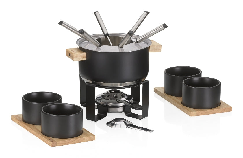 Kela Fondue-Set – Ø 20 cm, Edelstahl, für Fondue Bourguignonne, Glaskeramik, Schwarz, 6 Personen, 16 Teile