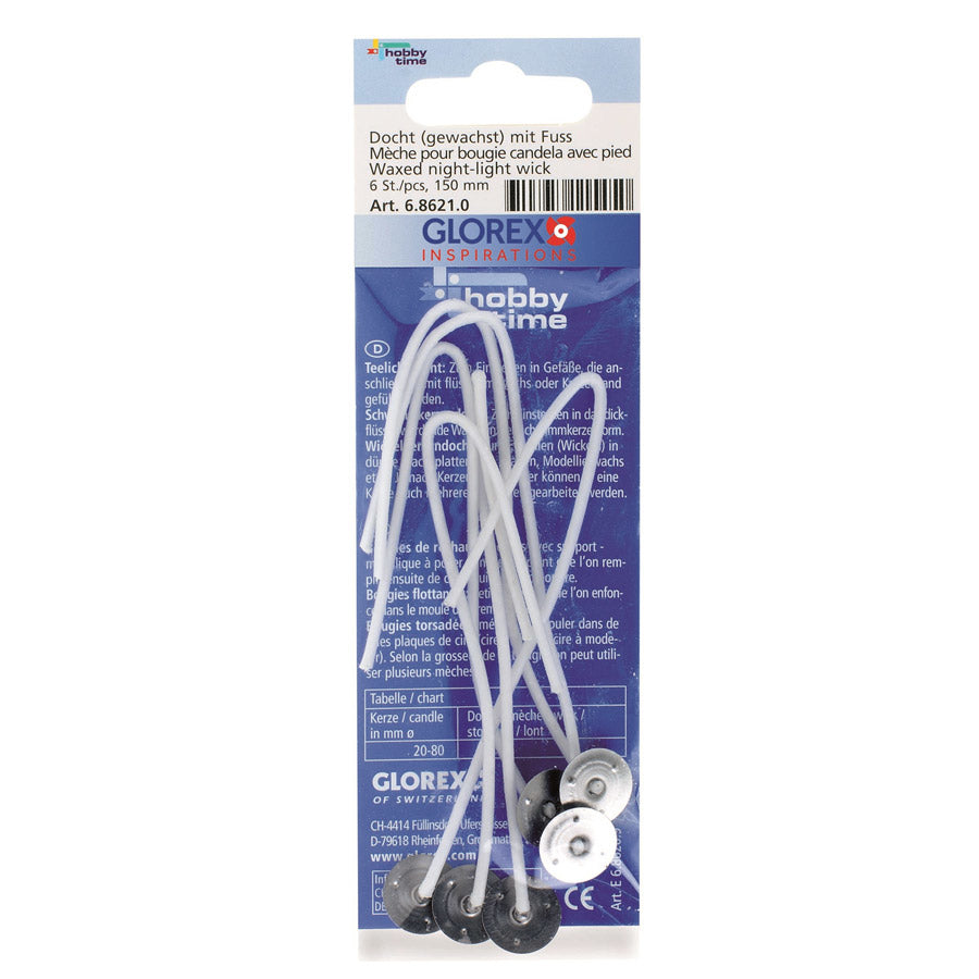 GLOREX Teelichtdocht mit Fuss, Weiss, 15 cm, 6 Stk.