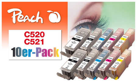 Peach Tintenpatronen-Multipack, 10er-Pack (2×19 ml + 8×10 ml), kompatibel – für Canon PGI-520, CLI-521