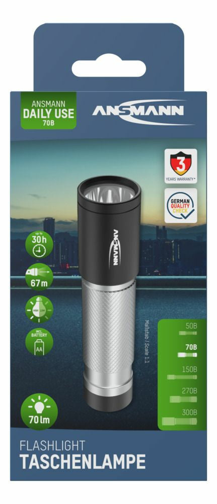 Ansmann Taschenlampe Daily Use 70B – 70 lm, 67 m, IPX4, Batteriebetrieb (AA) – Silber