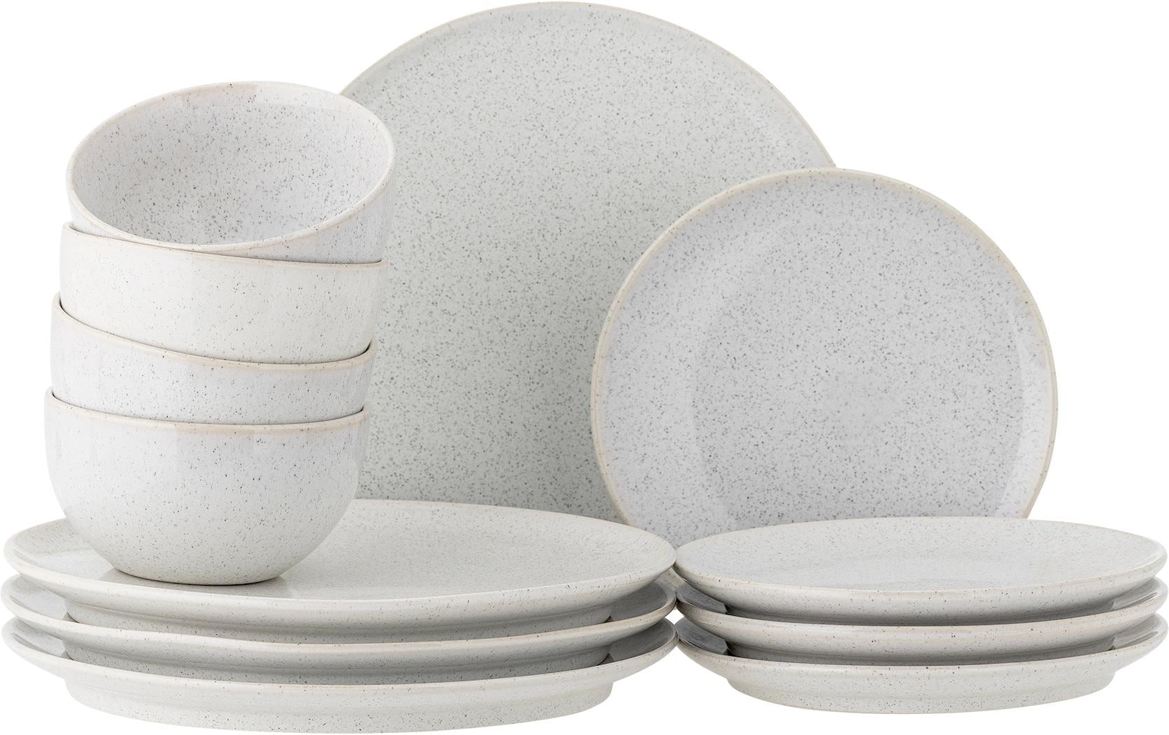 Bloomingville Geschirrset Addison – 12-teiliges Set, Steingut, Weiss, spülmaschinenfest, mikrowellengeeignet