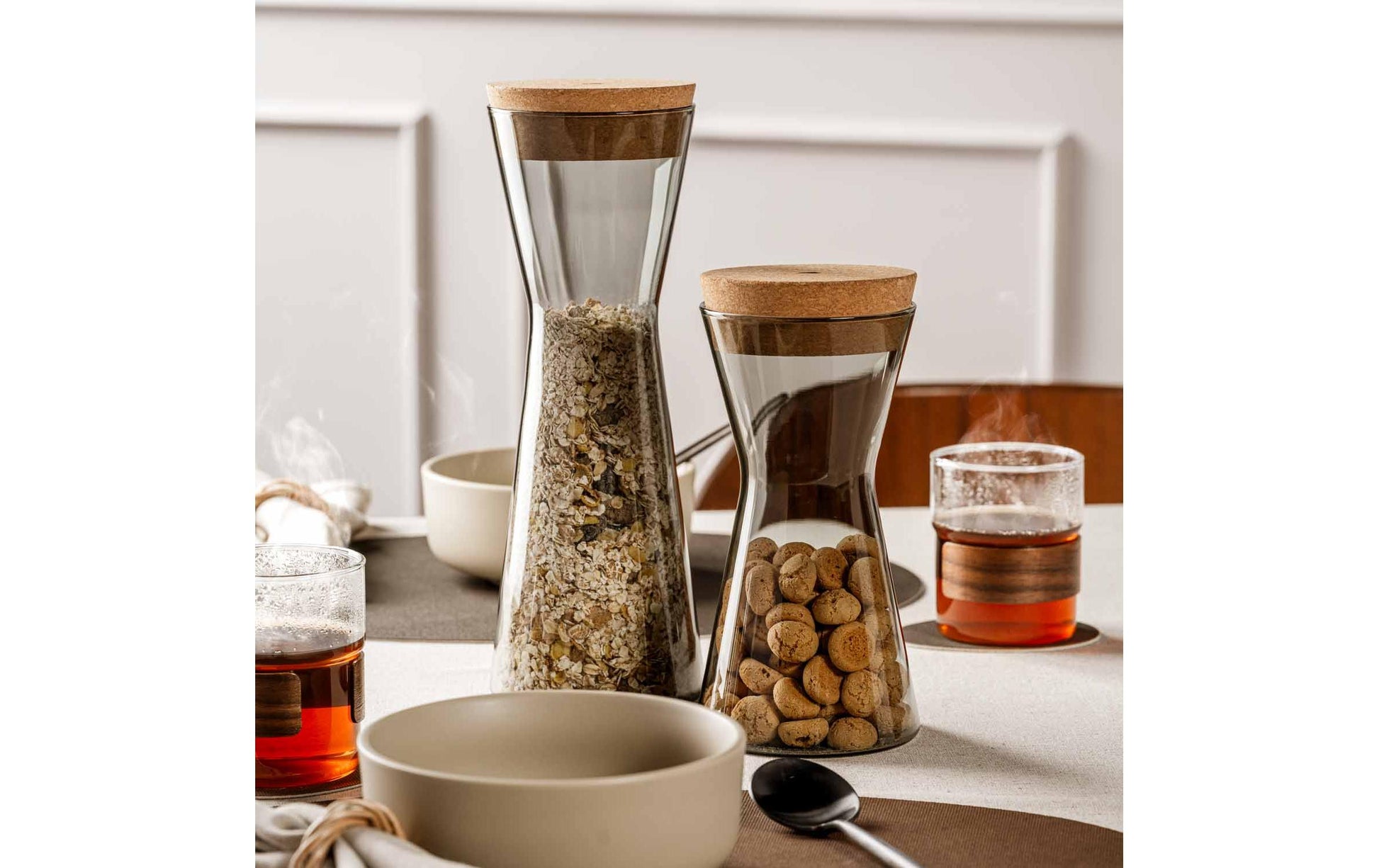 LEONARDO FORMA X – Vorratsdose 1,6 l, Ø 11 × 32 cm, Glas (Borosilikat)/Korkdeckel, Grau