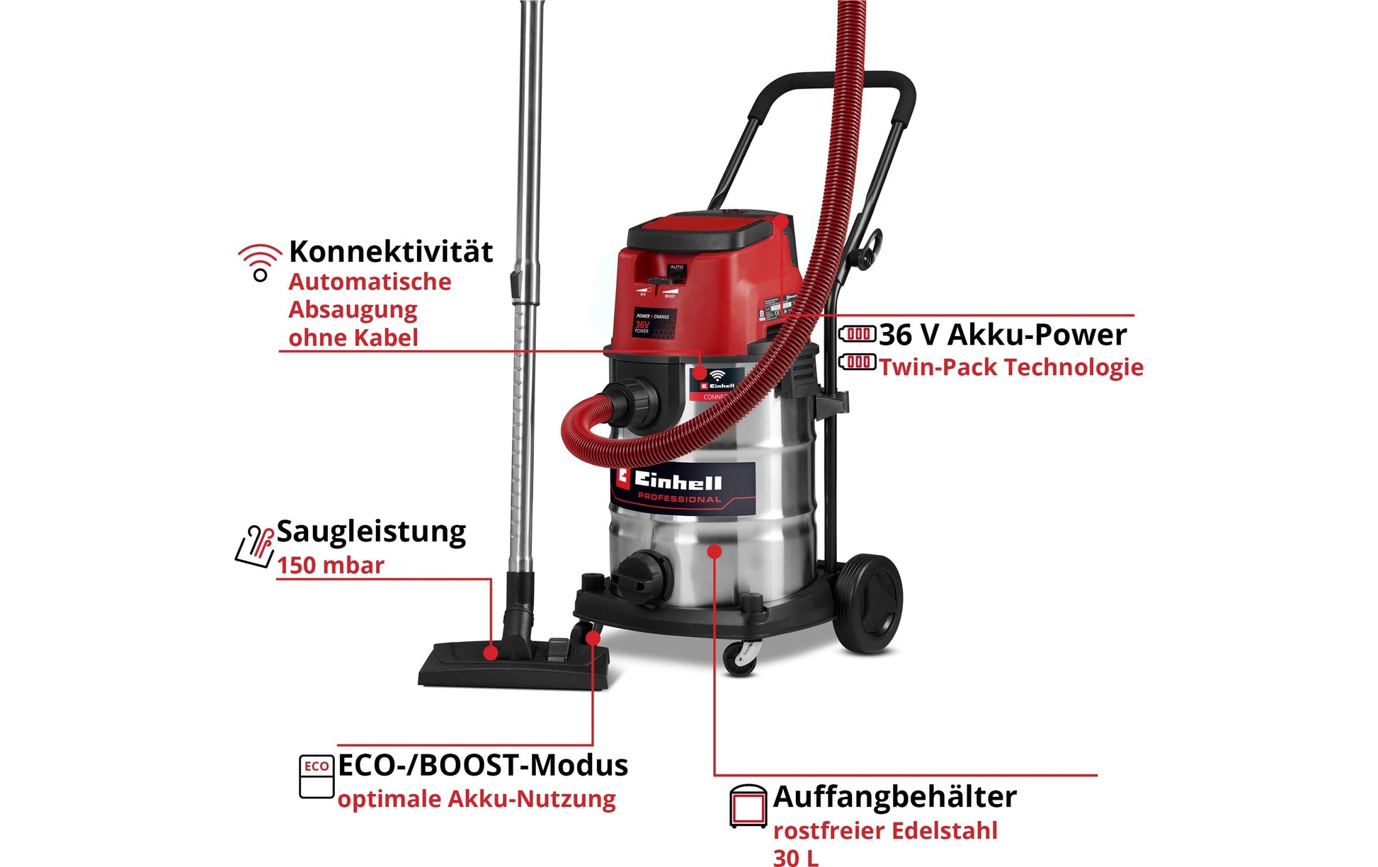Einhell professional Einhell Nass-/Trockensauger TP-VC 36/30 S Auto-Solo – 2-in-1, 900 W, 30 l, Akkubetrieb