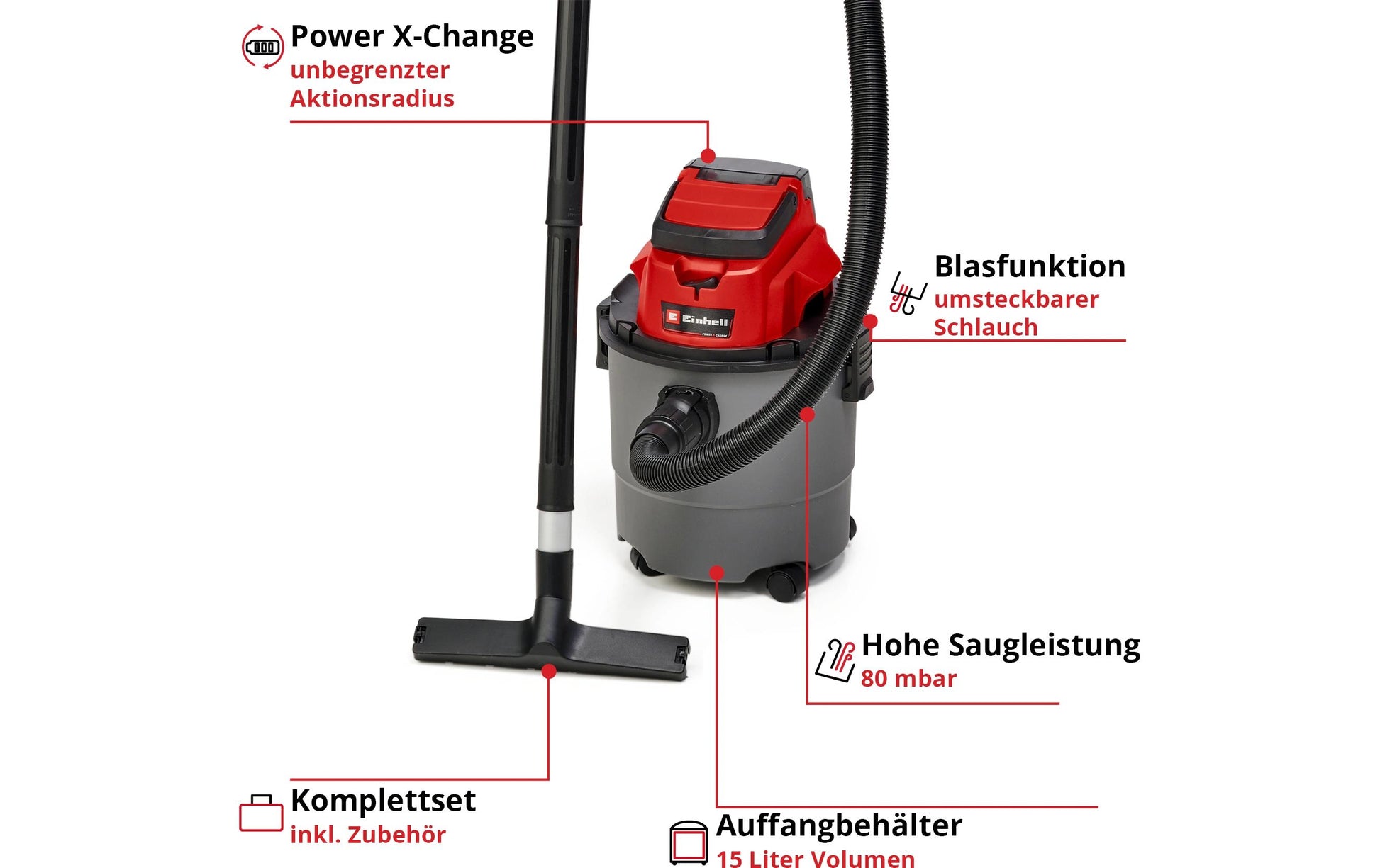 Einhell Absauganlage TC-VC 18/15 Li-Solo – 2-in-1, 15 l, Akkubetrieb, Schlauch 1,5 m
