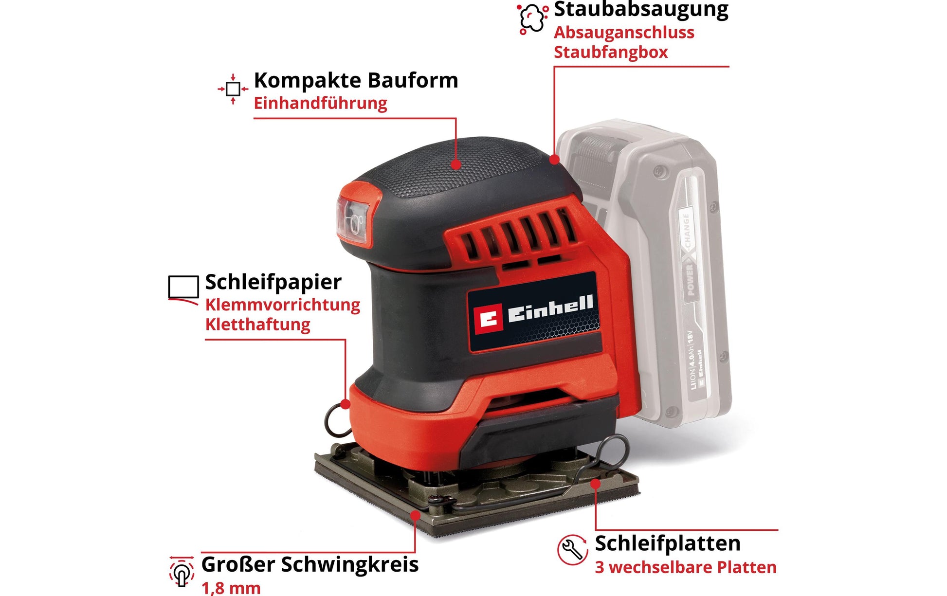 Einhell Akku-Faustschleifer TE-OS 18/113 – 18 V (Power X-Change) – Mikro-Klettverschluss – Solo