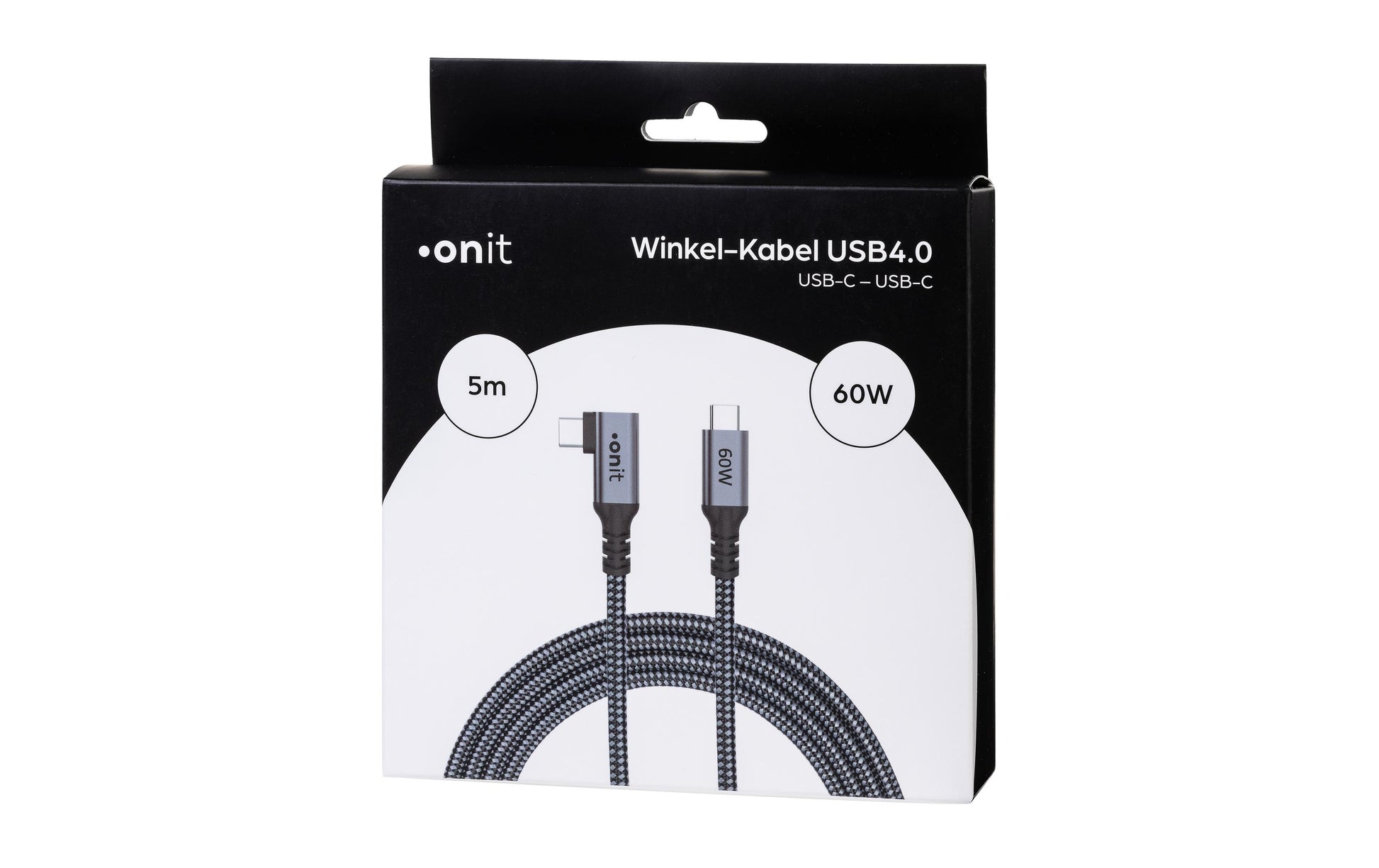 ONIT USB-C auf USB-C Kabel – USB4 20 Gbit/s – 5 m – PD 60 W – Textilmantel, Abgewinkelt – Schwarz/Grau