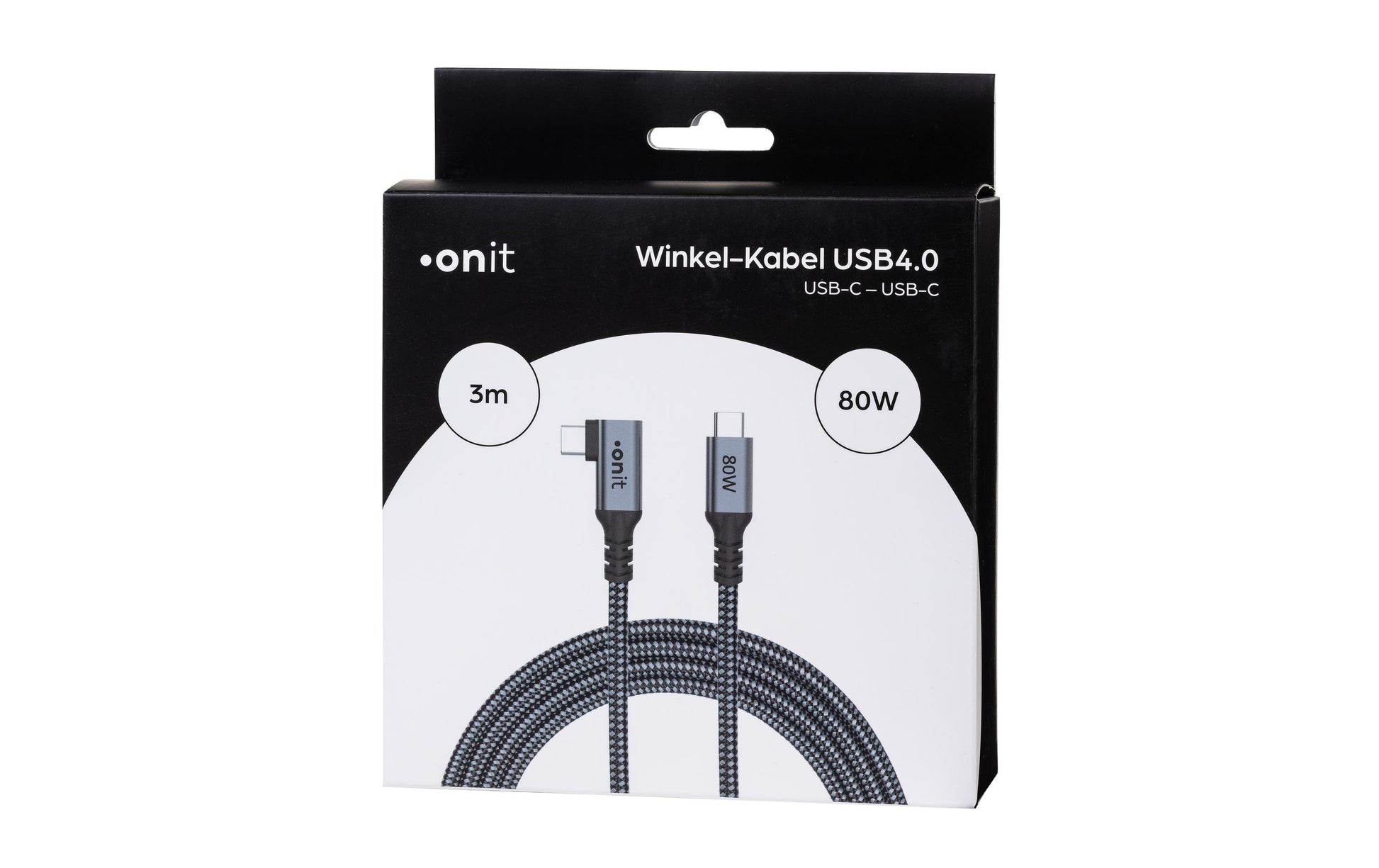 ONIT USB-C auf USB-C Kabel – USB4 20 Gbit/s – 3 m – PD 80 W – Abgewinkelt, Textilmantel – Schwarz/Grau
