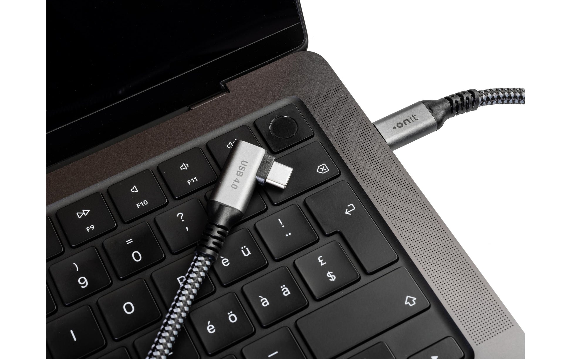 ONIT USB-C auf USB-C Kabel – USB4 20 Gbit/s – 3 m – PD 80 W – Abgewinkelt, Textilmantel – Schwarz/Grau