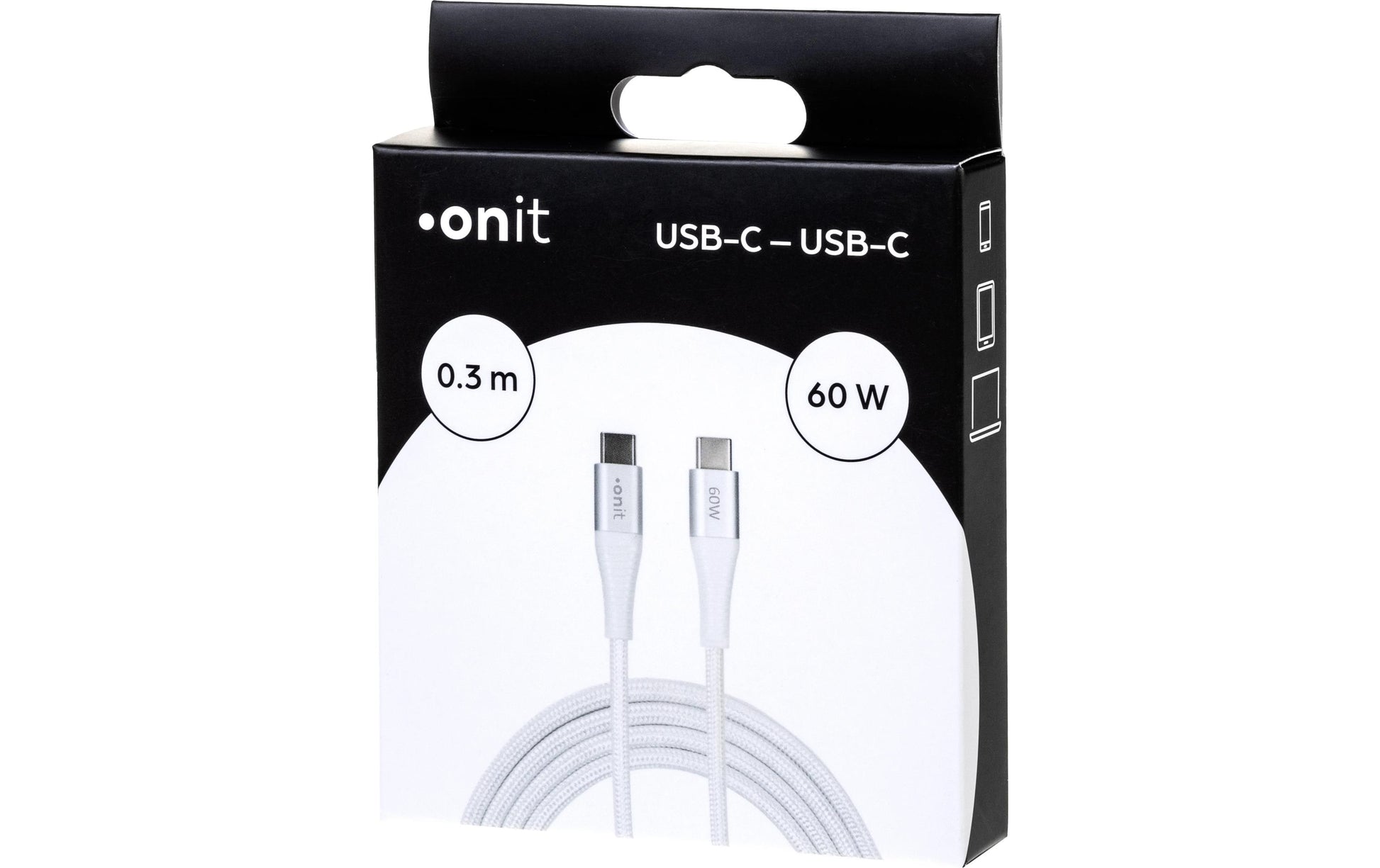 ONIT USB-C auf USB-C Kabel – USB 3.2 Gen 1 (5 Gbit/s) – 0,3 m – PD 60 W – Textilmantel, Verstärkt – Weiss