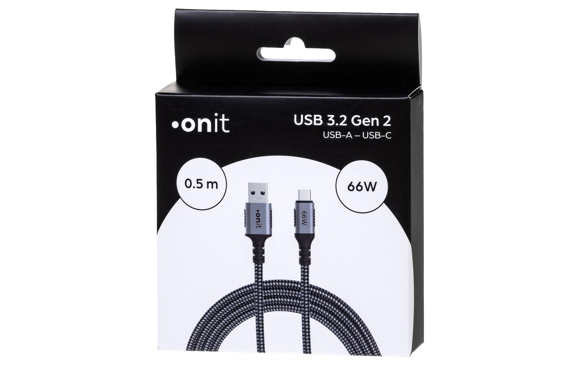 ONIT USB-A auf USB-C Kabel – USB 3.2 Gen 2 (10 Gbit/s) – 0,5 m – PD 66 W – Textilmantel – Schwarz/Grau