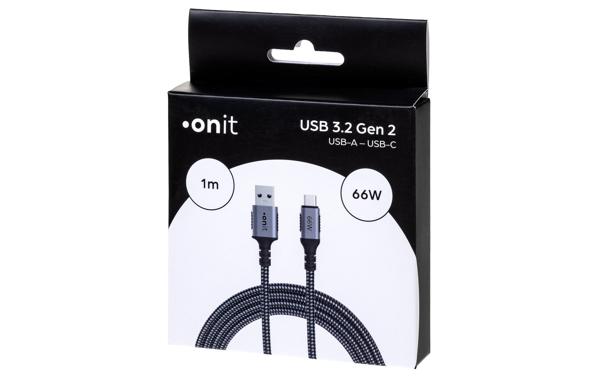 ONIT USB-A auf USB-C Kabel – USB 3.2 Gen 2 (10 Gbit/s) – 1 m – PD 66 W – Textilmantel – Schwarz/Grau