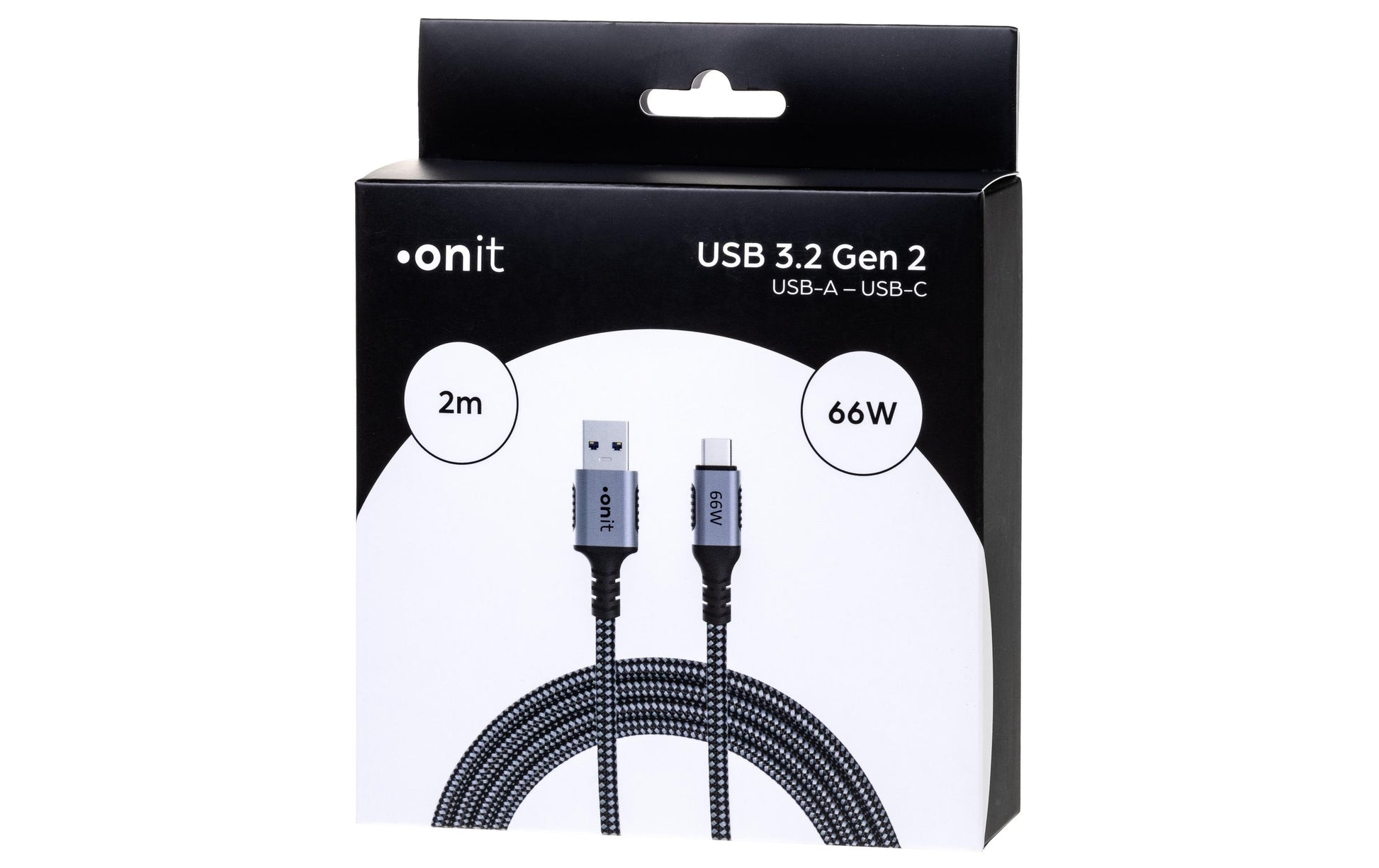 ONIT USB-A auf USB-C Kabel – USB 3.2 Gen 2 (10 Gbit/s) – 2 m – PD 66 W – Textilmantel – Schwarz/Grau