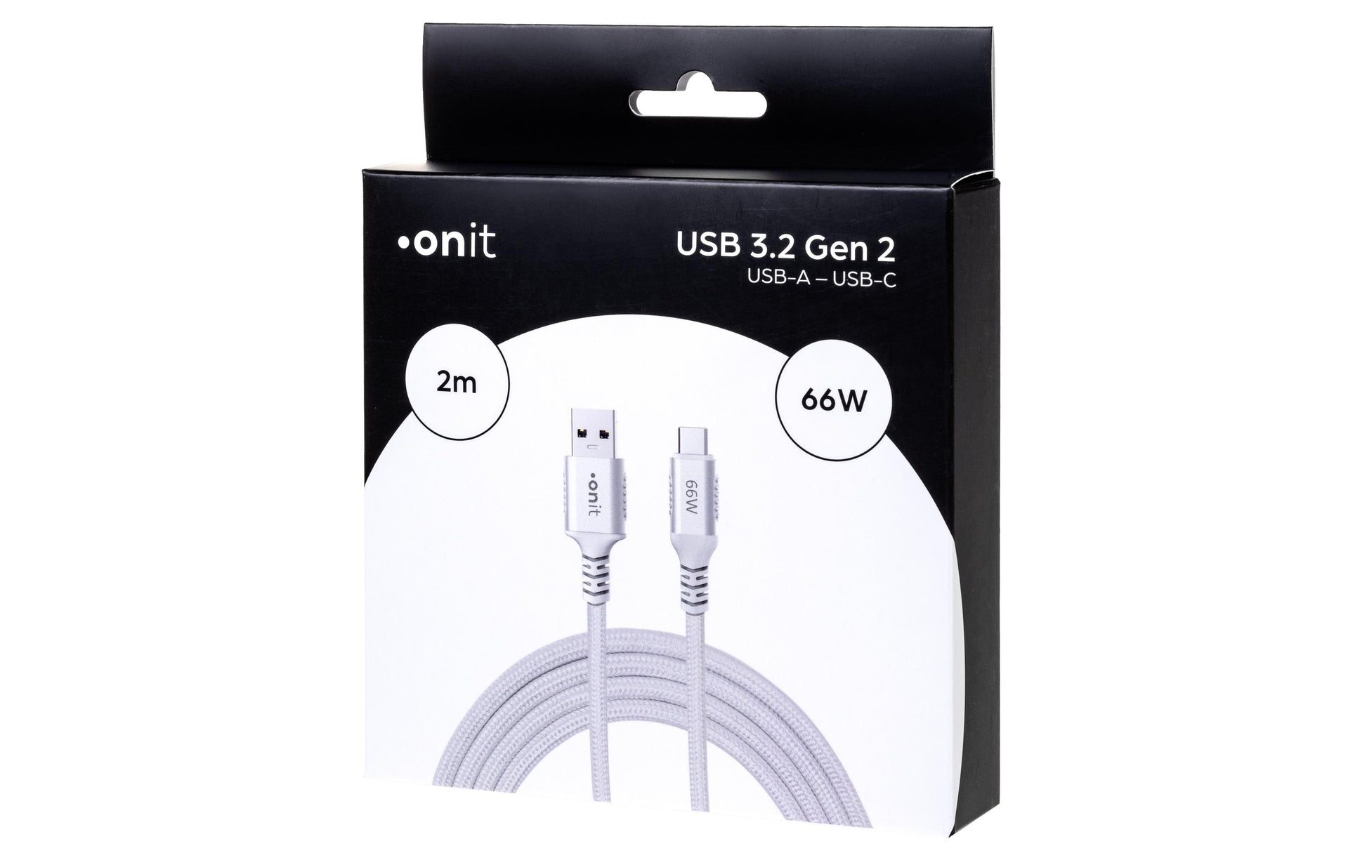 ONIT USB-A auf USB-C Kabel – USB 3.2 Gen 2 (10 Gbit/s) – 2 m – PD 66 W – Textilmantel – Weiss